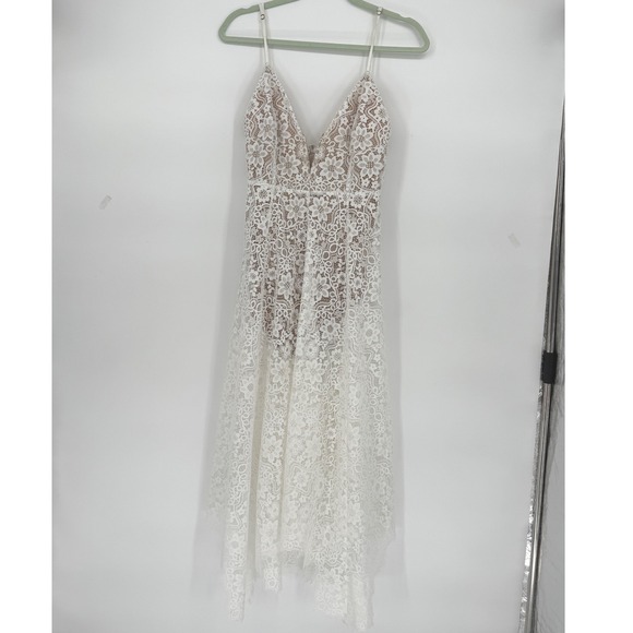 For Love and Lemons White Lace Midi Dress Deep V Neck Size M Sheer Fairy Bride - Picture 5 of 16